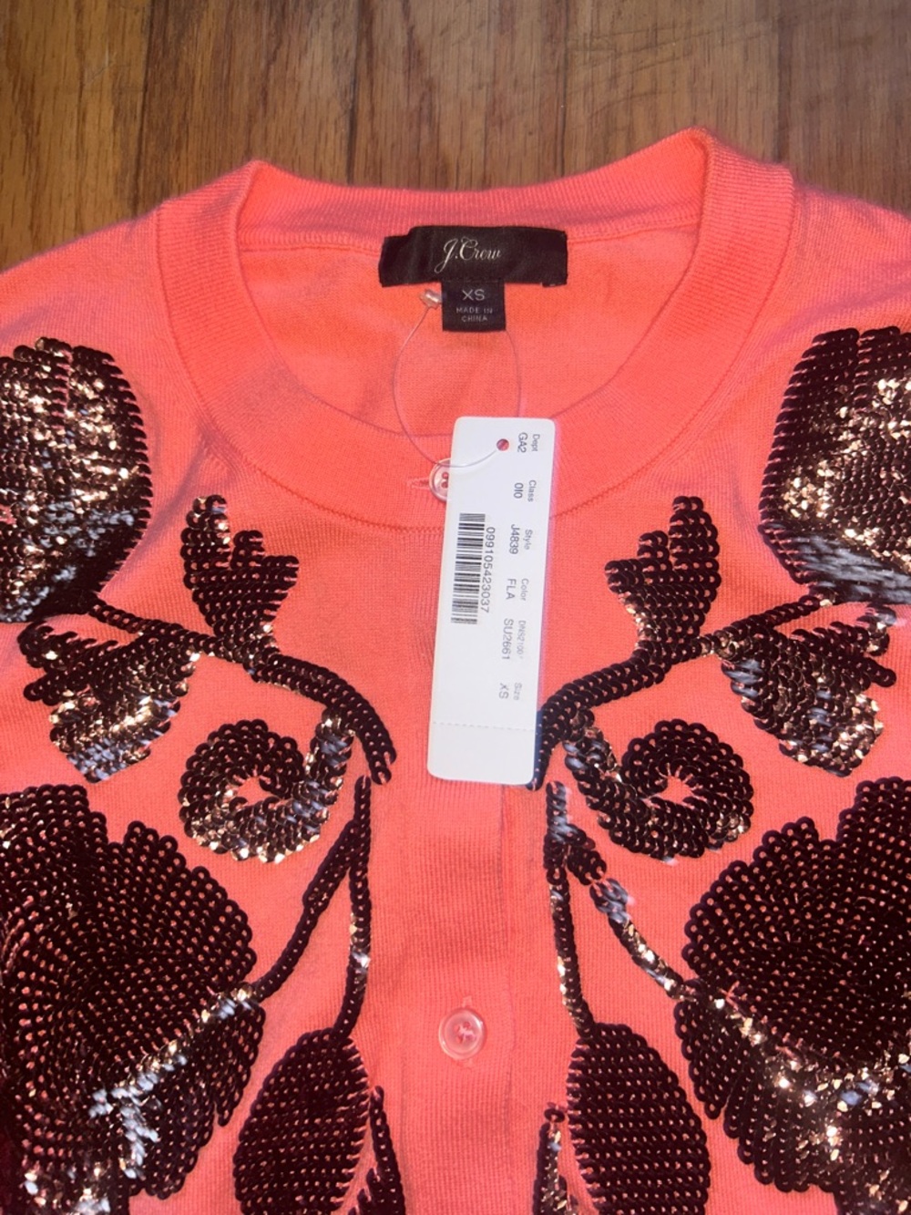 J. Crew Coral Button-Front Cardigan with Black Sequin Floral - Picture 2 of 3